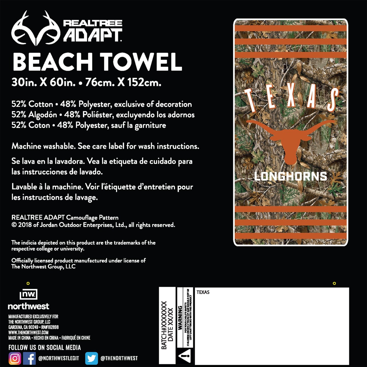 Texas OFFICIAL NCAA Realtree "Stripes" Beach Towel; 30" x 60"