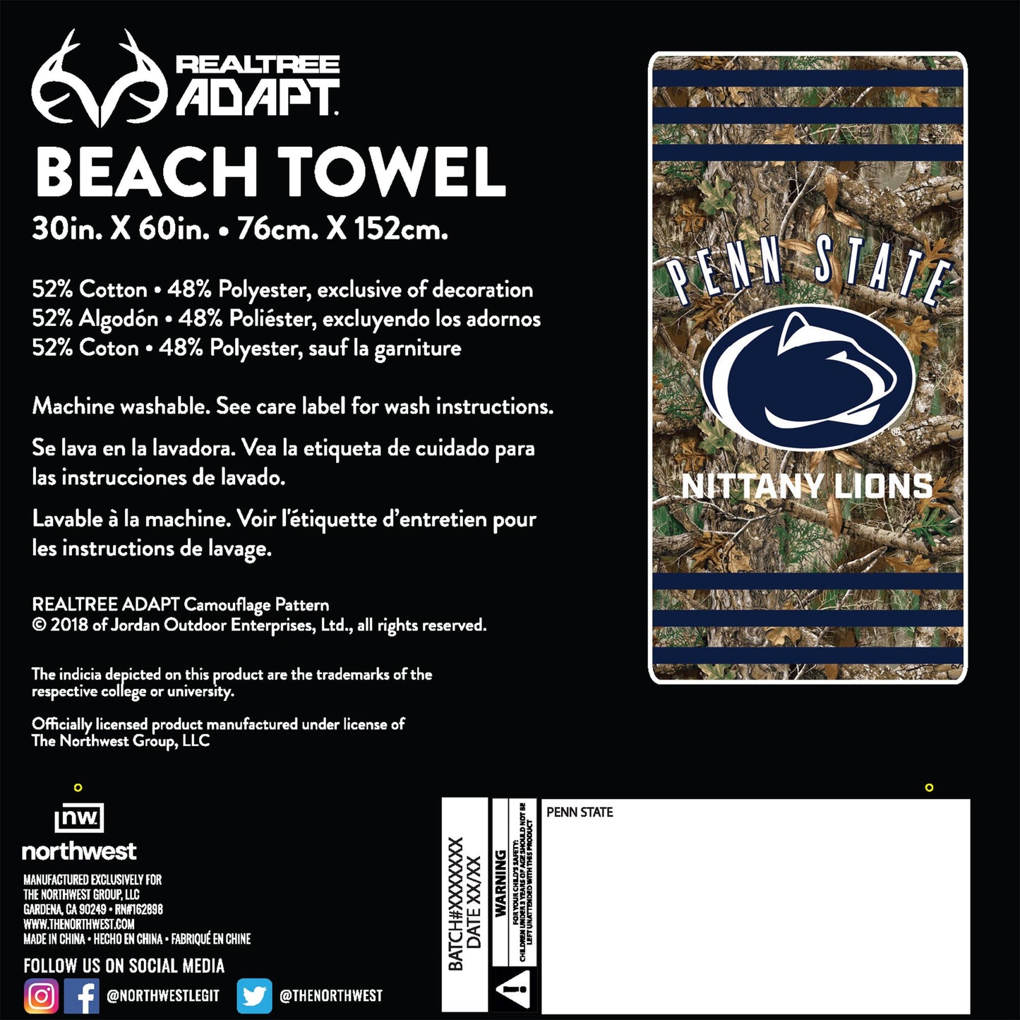 Penn State OFFICIAL NCAA Realtree "Stripes" Beach Towel; 30" x 60"