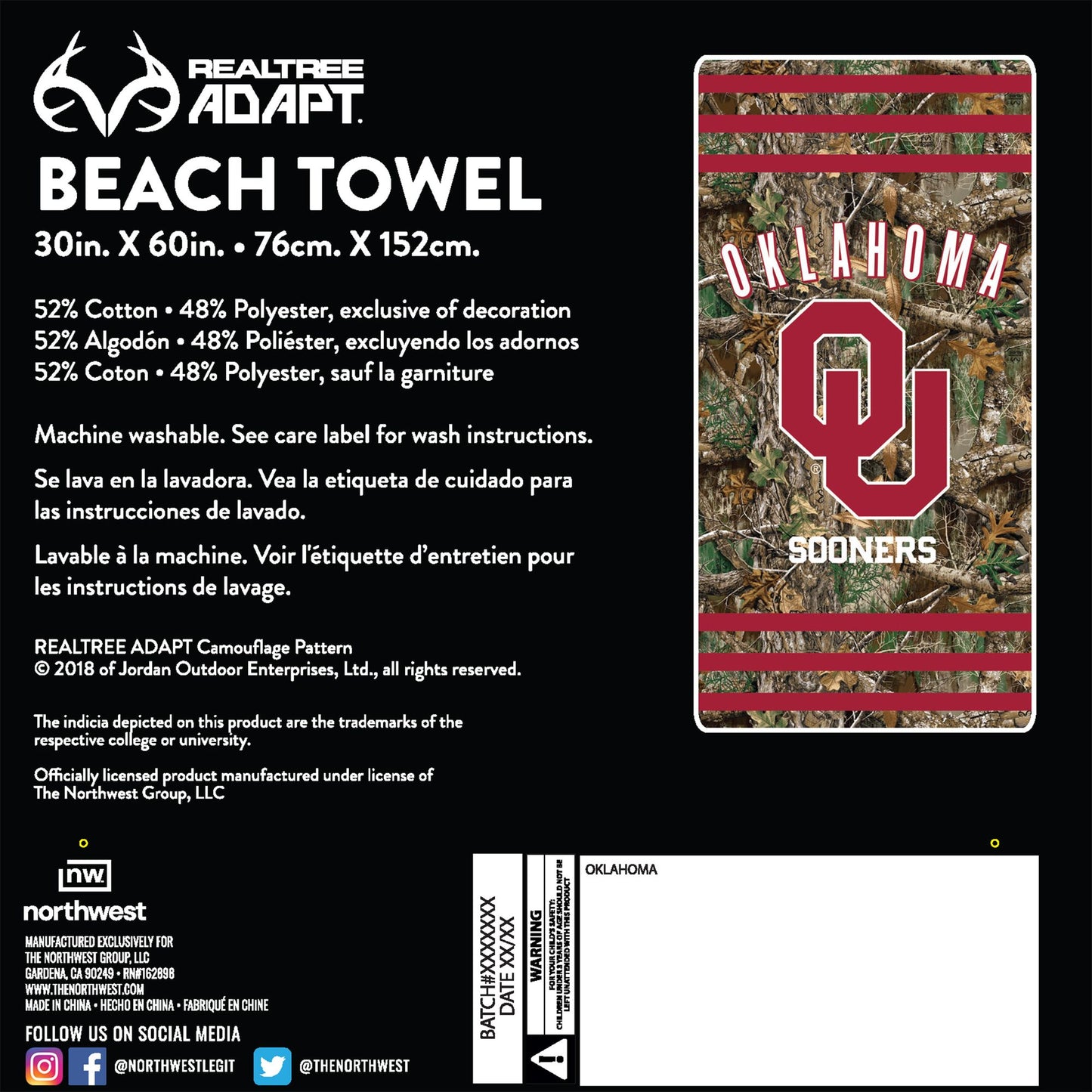 Oklahoma OFFICIAL NCAA Realtree "Stripes" Beach Towel; 30" x 60"