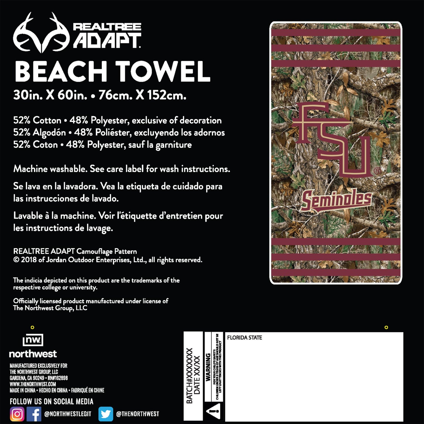 Florida State OFFICIAL NCAA Realtree "Stripes" Beach Towel; 30" x 60"