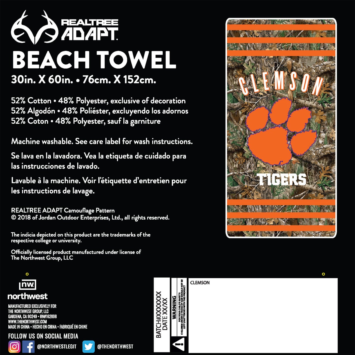 Clemson OFFICIAL NCAA Realtree "Stripes" Beach Towel; 30" x 60"